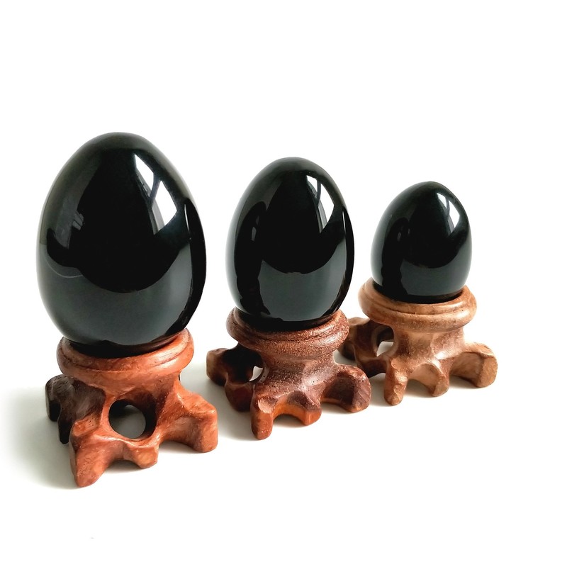 Black Obsidian Gemstone Egg Sphere with Wooden Stand for Healing
