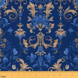 Erosebridal Baroque Damask Fabric by The Yard,Blue Golden Gothic Vintage Floral Upholstery Fabric,Bohemian Exotic Decorative Fabric,Luxury Jacquard Damask DIY Art Indoor Outdoor Fabric,1 Yard