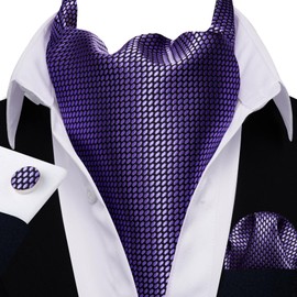 Ailisus Mens Ascot Tie Cravat Ties Purple Plaid Checkered Necktie Silk Handkerchief Cufflinks Lapel Pin Set Business