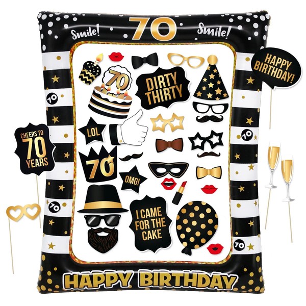 Newthinking 70th Birthday Photo Booth Props, Black Gold Inflatable Selfie Frame Funny DIY Birthday Party Props for 70th Birthday Party Supplies Decoration