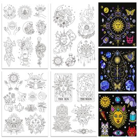 ORIGACH 4 Sheets Magic and Witchcraft Theme Water Soluble Embroidery Patterns Stabilizers - Pre-Printed Sun Moon & Evil Eye Designs - Stick & Stitch Embroidery Paper for Hand Sewing Lovers