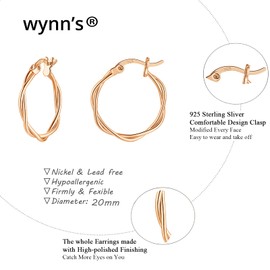 wynn's Silver Hoop Earrings for Women, Small Sleeper Silver Hoops Earrings, Hypoallergenic 925 Sterling Silver Twist Hoop Earrings for Women Girls, 20mm rose gold hoop earrings