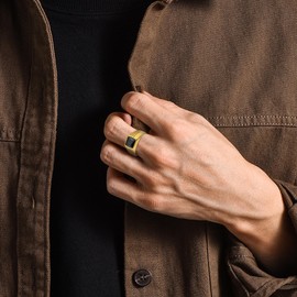 YL Gemstone Rings for Men Titanium Steel Square Signet Rings Black Stone Wedding Statement Band Jewelry-size10