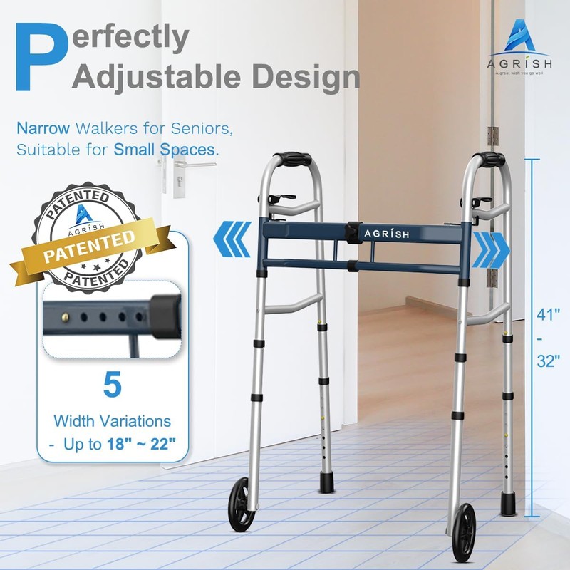 Narrow Walker for Seniors, Adjustable Width Folding Walker with 5"