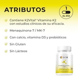 BIO B | Vitamina K2 Vital® (MK-7) + D3 con Calcio y Prebióticos | Apoyo Óseo y Cardiovascular Diario | 60 Cápsulas Veganas