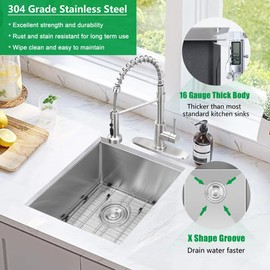 Herogo 15×17 Inch Undermount Kitchen Sink, Stainless Steel Wet Bar Rv Sink, Brushed Nickel Small Single Bowl Sink with Accessories