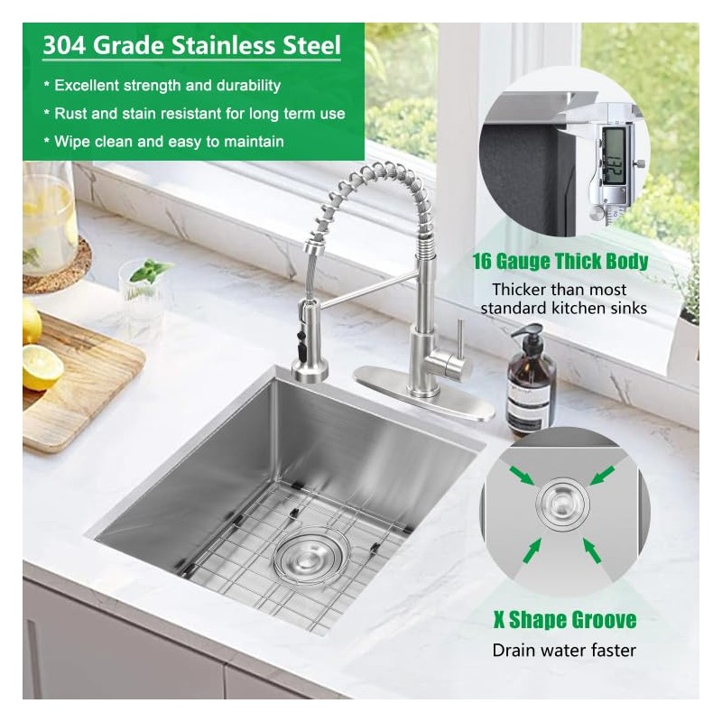 Herogo 15×17 Inch Undermount Kitchen Sink, Stainless Steel Wet Bar