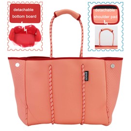 QOGiR Neoprene Multipurpose Beach Bag Tote with Inner Zipper Pocket (Coral, Large)