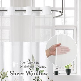 Gibelle No Hook Eucalyptus Shower Curtain with Snap-in Fabric Liner Set, Hotel Style Olive Green Plant Leaves Double Shower Curtain with See Through Top Window, Waterproof & Washable, 72x74