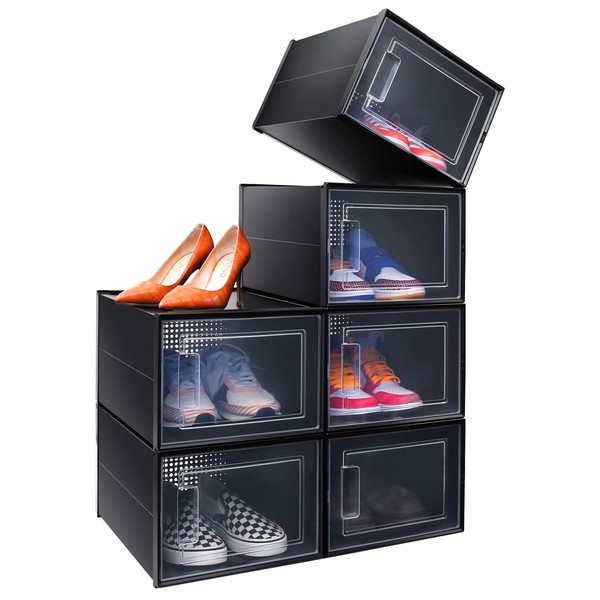 Ohuhu Shoe Organizer for Closet, Ultra Large Shoe Containers Heavy Duty 6 Pack Shoe Storage Box Clear Plastic Stackable Foldable Bins Sneaker Holder Display Case Drawer Type Fit up to US Size 14