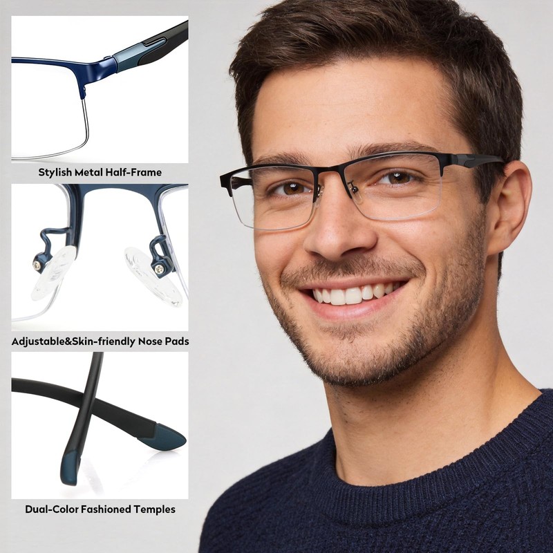 CARA Ultra Lightweight Progressive Multifocus Reading Glasses Men, Metal Frame