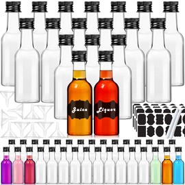 YZXODN 50 Pack 2 oz Mini Liquor Bottles with Labels, Plastic Alcohol Bottles, Airtight Shot Bottles, Little Spirit Bottle with Funnels Black Caps, Hot Sauce Bottle for Cocktail, Party Favors, Weddings