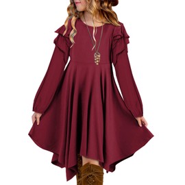 blibean Girls Long Sleeve Dress Tween Fall Boho Puff Dresses Cute Tiered Elastic Cuff High Low Ruffle Outfit Swing Clothes Midi Kid Solid Clothing Size 14-16 Years Old Burgundy Red