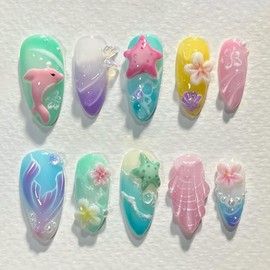 30Pcs Summer Press on Nails Almond Short Fake Nails with Cute Dolphin Mermaid Designs 3D Flower Starfish False Nails Colorful Summer Sea Theme Stick on Nails Acrylic Nails for Women Beach Vacation