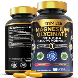 Tenmido Pure Magnesium Glycinate Supplements - 6in1 with Gotu Kola, Bacopa Monnieri, L-Theanine, Apigenin, and Black Pepper - 90 Vegan & Non-GMO Capsules