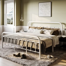 SHA CERLIN Queen Size Bed Frame Metal Platform Bed with Vintage Style Headboard and Footboard, Heavy Duty Mattress Foundation, No Box Spring Needed, Easy Assembly, White