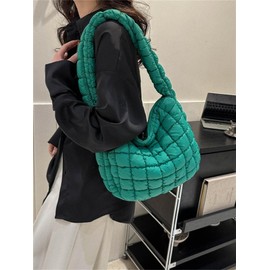 Puffer Tote Bag Women Quilted Shoulder Bags Puffy Bubble Pleated Purse Nylon Padding Cloud Crossbody Bag 2025, Dark Green, Medium, Fashion