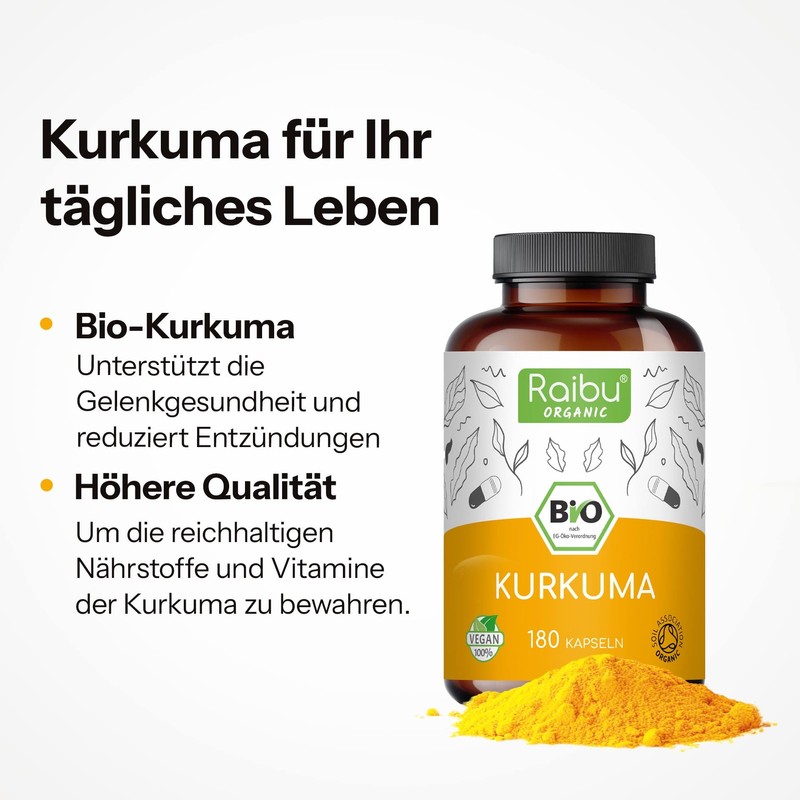 Raibu® Organic Turmeric Capsules, 180 Capsules, High Dosage with 3,000