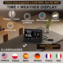 7 Inch Digital Network Intelligent Weather Clock - Temperature & Humidity, Weather Forecast, 8 Group Alarms, Large Display, Auto Time Sync