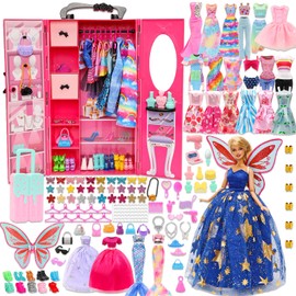 Miunana Wardrobe 101 Dolls Clothing Accessories Wardrobe Clothes Accessories Shoes Hanger Necklaces Crowns Bag Accessories for 11.5 Inch Dolls