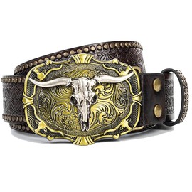 IZUS Rodeo-Longhorn Western-Cowboy-Belt for Men-Women PU-Leather Cowgirl-Belt Skull-Metal-Buckle Jeans for 32-40" Waist