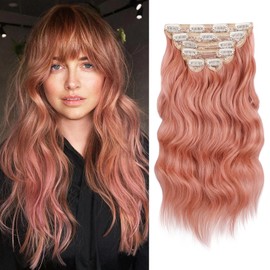 WECAN Clip In Long Wavy Pink Hair Extension 20 Inch 6PCS SyntheticThick Synthetic Hairpieces Fiber Double Weft Hair For Women