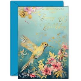 Beautiful Gold 80th Birthday Cards for Women Men - Wonderful Golden Birds Hummingbird - Elegant Traditional Pretty Birthday Card for 80 Year Old Woman Man Her Him, 5x7 Inch Gorgeous Greeting Cards