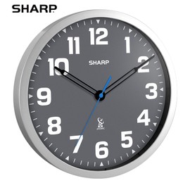 Sharp Atomic Analog Wall Clock - 12" Grey Face, Silver Brushed Finish - Sets Automatically- Battery Operated - Easy to Read - Easy to Use – Modern Design and Style