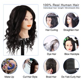 TopDirect Training Head 18inch 100% Real Hair Cosmetology Hairdressing Mannequin Manikin Doll with Table Clamp Holder + Braid Set, Black