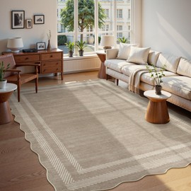 Lahome Scalloped Washable Area Rugs 5x7, Soft 5x7 Rugs for Living Room Bedroom, Solid Non Slip Low Pile Stain Resistance Large Throw Carpet for Nursery Dining Room Office, Ivory/Grey