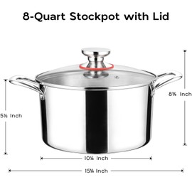 Onader 18/10 Stainless Steel Stock Pot 8 Quart Cooking Induction Pot Tri-Ply Stockpot with Lid