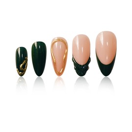 Short Press on Nails Almond Fake Nails French False Nails Green Artificial Nails with Gold Charm Designs Acrylic Nails Press ons Sparkly Stick on Nails for Women 24pcs