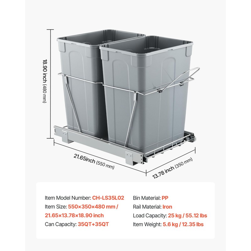VEVOR Pullout Trash Can for Kitchen Cabinets, 35 QT x2