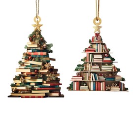 Christmas Ornaments 2024，Christmas Book Tree Ornament,Christmas Tree Shape Bookshelf Pendant,Books Stacked Ornament,Christmas Ornaments,Christmas Ornament Bookworm Bookshelf Decoration (Flat 2D)