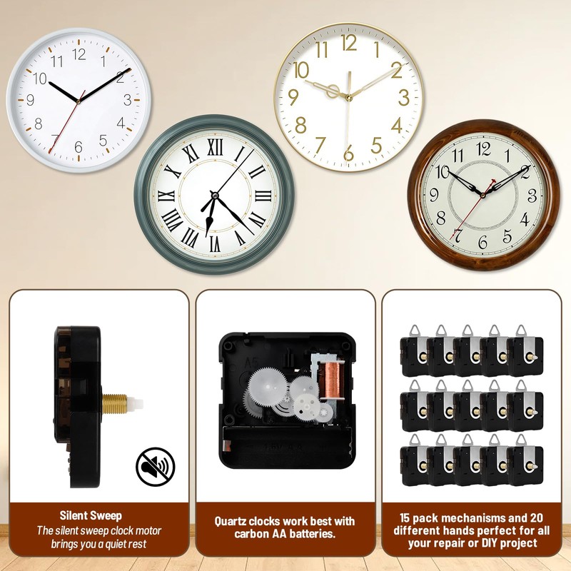 15 Pack Clock Movement Replacement Parts, Silent Clock Mechanism Replacement