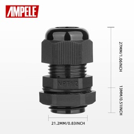 AMPELE 20 Pack 1/2'' NPT Cable Gland Waterproof Adjustable 6-12mm/0.24-0.47inch Nylon Cable Glands Joints with Gaskets (1/2", 20 Pack)