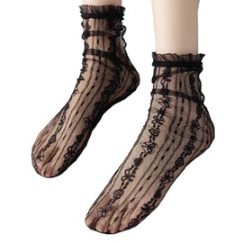 Ekieta Women's Summer Lace Socks, Lace Socks, Cute, Transparent Lace Socks, Lolita, Breathable, Embroidered, High Quality, Casual Socks, Spring and Summer, Thin, L-Black