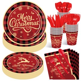 175 Pcs Merry Christmas Party Supplies Set - Serves 25, Festive Red and Black Plaid Disposable Tableware, Includes Paper Plates, Cups, Napkins, Forks, Spoons, Knives for Xmas Holiday Celebrations