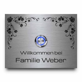 CHRISCK design - Stainless Steel Bell Plate with Rustproof Engraving - Bell Model Weber from 10 x 7 cm | Doorbell with Modern Bell Push (Coloured LED Lighting) and Many Designs