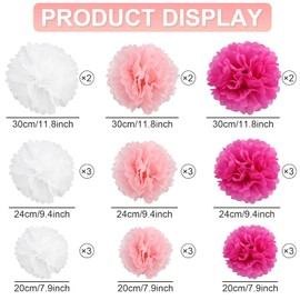 Pack of 24 Pink Pompoms, Wedding Decoration, School Decoration, Tissue Paper Pompoms, Communion Decoration for Birthday, Wedding, Valentine's Day (Light Pink, Pink, White)