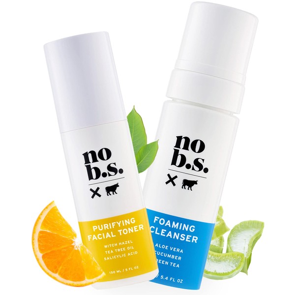 No BS Foaming Cleanser and Facial Toner Duo - Natural Face Wash and Pore Reducing Combo with Aloe Vera, Green Tea, Witch Hazel - Alcohol Free, Vegan