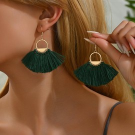 Women Tassel Earrings Bohemia Fan Shape Thread Tassel Drop Dangle Earrings (Green, One size)
