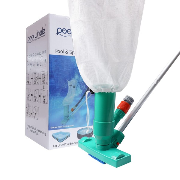 POOLWHALE Portable Pool Vacuum Jet Underwater Cleaner W/Brush,Bag,6 Section Pole of 56.5"(No Garden Hose Included),for Above Ground Pool,Spas,Ponds & Fountains