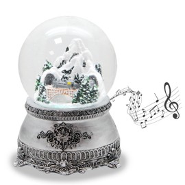 Snow globe mountain landscape with bridge, pewter effect ornaments, with music box, shaking ball Christmas decoration, width: 10 cm, height: 14 cm, 20255