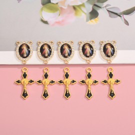 Jiali Q 40 Piece Set Rhinestone Religious Rosary Making Supplies, 20 Oval Saint Connectors and 20 Enamel Cross Charms, 0.87 x 0.6 inch Medallions, 1.23 x 0.7 inch Crosses (Black&Divine Mercy Jesus)