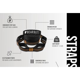Bear Butt Kodiak Hammock Straps For Trees - 20 Feet Long Hammock Tree Straps - 40 Combined Loops - Holds 1000 Pounds - Camping Hammock Straps - Hammock Tree Straps With Carabiner - Hammock Accessories