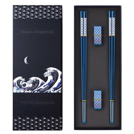 TIICOO Metal Chopsticks Reusable 2 Pairs Titanium Plated Stainless Steel18/8 Chopsticks with Holder, Dishwasher Safe Lightweight Japanese Style Chopsticks Gift Set (Blue)