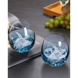 Sea Turtle Stemless Wine Glasses - Turtle wine glasses set of 4, Crackle teal design, distinctive sea turtle gifts for women/Sea turtle lovers on Birthday,Thanksgiving,Christmas,13.5OZ (White)