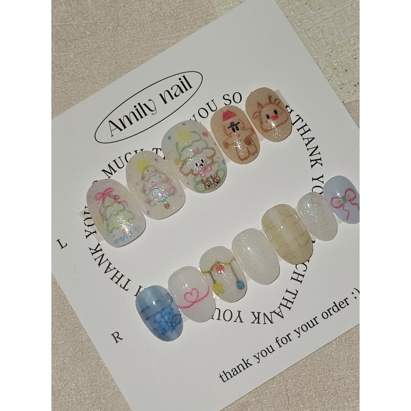 Cozy Christmas drawing [Handmade nail tip] Emily Nail - Medium