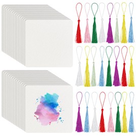 BENECREAT 50 Packs Artist's Tiles, 4.7 Inch Square Zentangle Paper Tiles, Blank Cards with 25 Tassels, Paper Sheets for Sketch Book Notebook, Index Flash Cards Notes Making Supplies